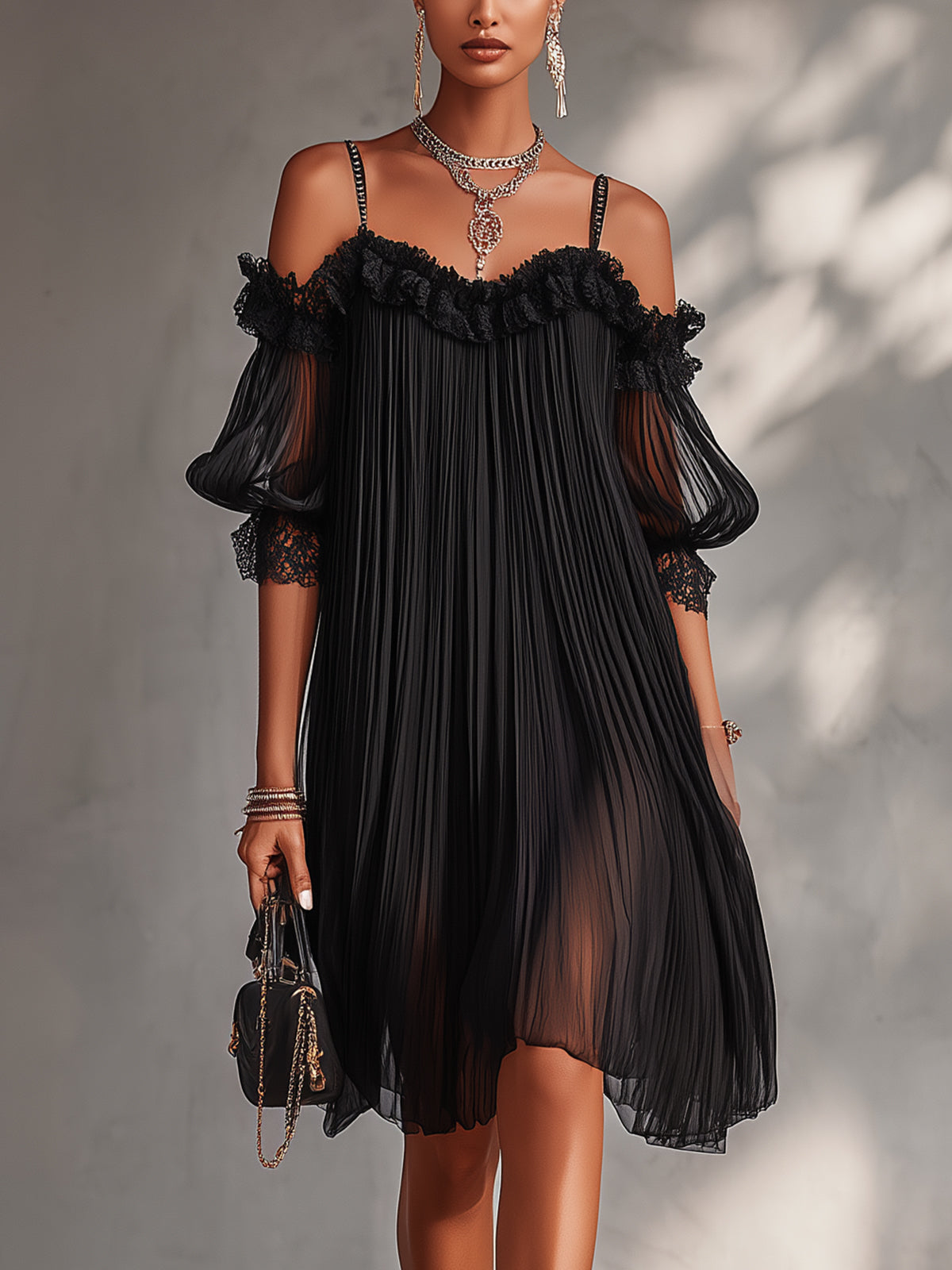 Melissa | Black Off-Shoulder Chiffon Mini Dress