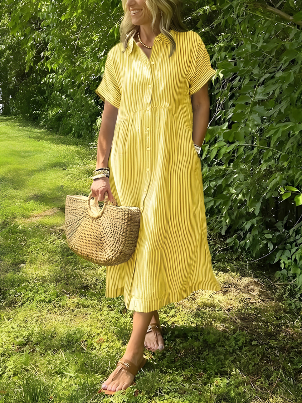Marina™ Elegant Striped Maxi Shirt Dress with Pockets