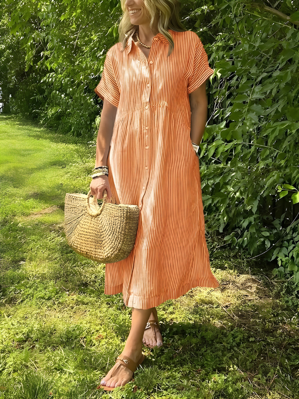 Marina™ Elegant Striped Maxi Shirt Dress with Pockets
