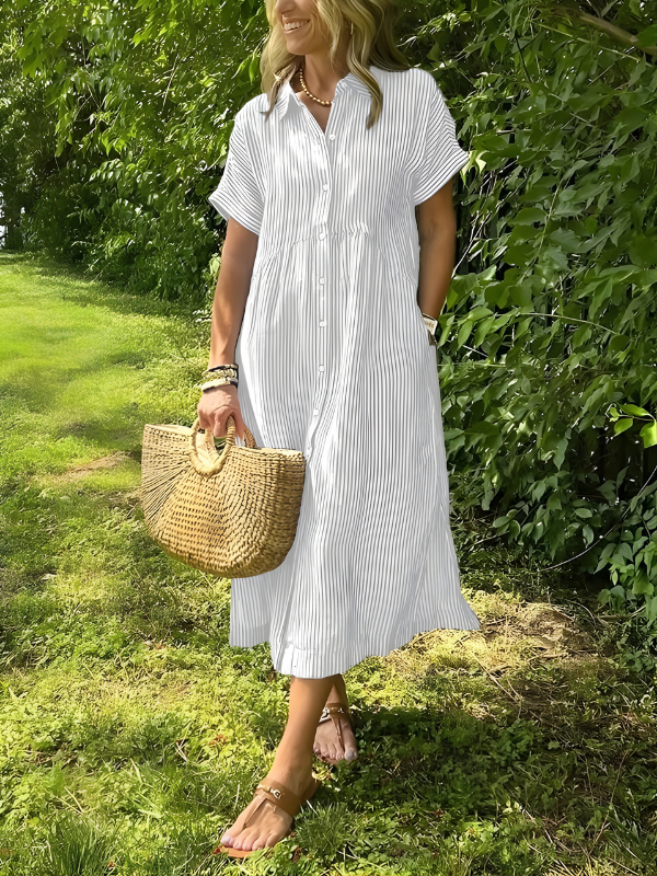 Marina™ Elegant Striped Maxi Shirt Dress with Pockets