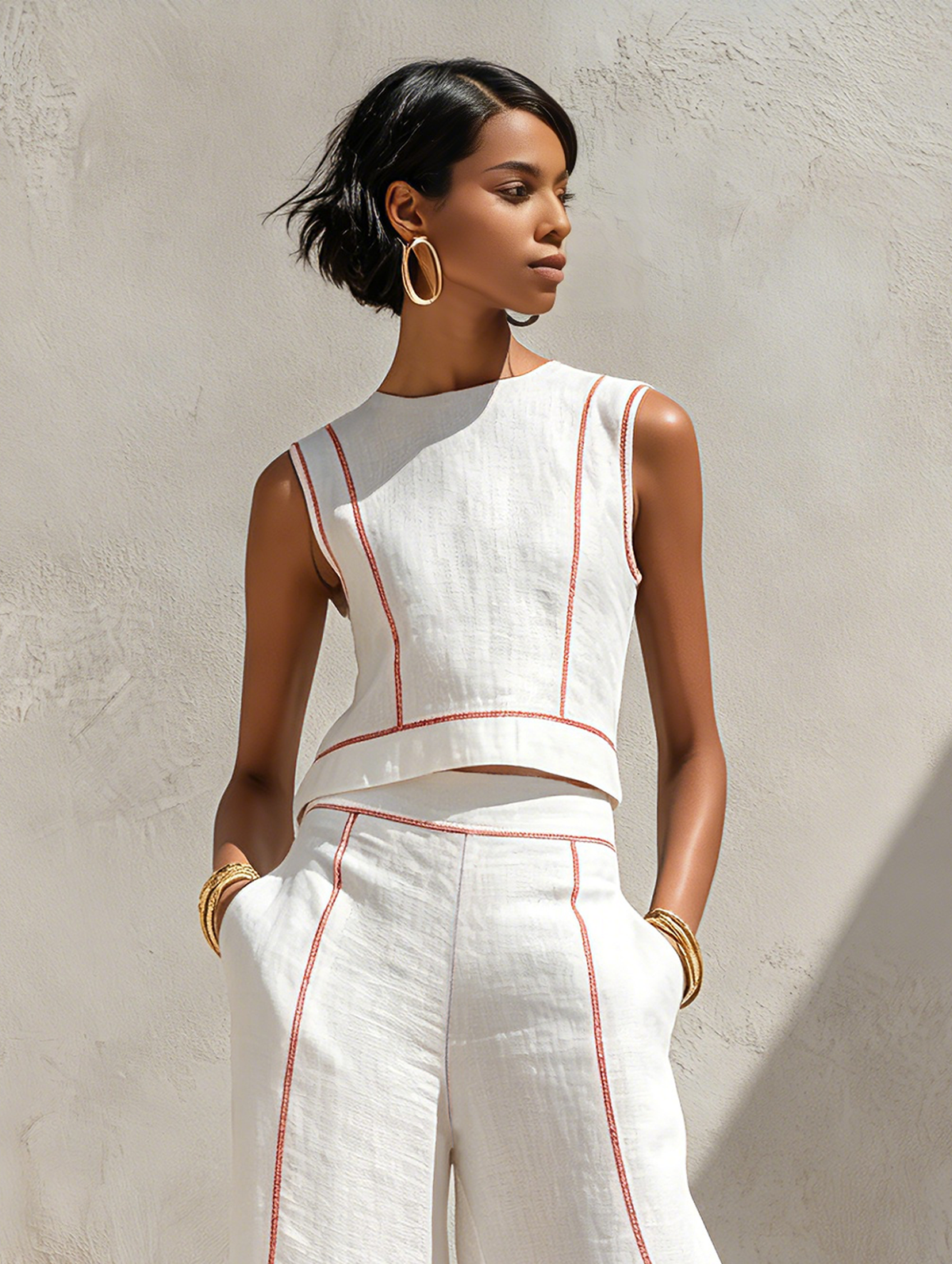 Calla | Contrast-Stitching Blouse & Wide Pants Set