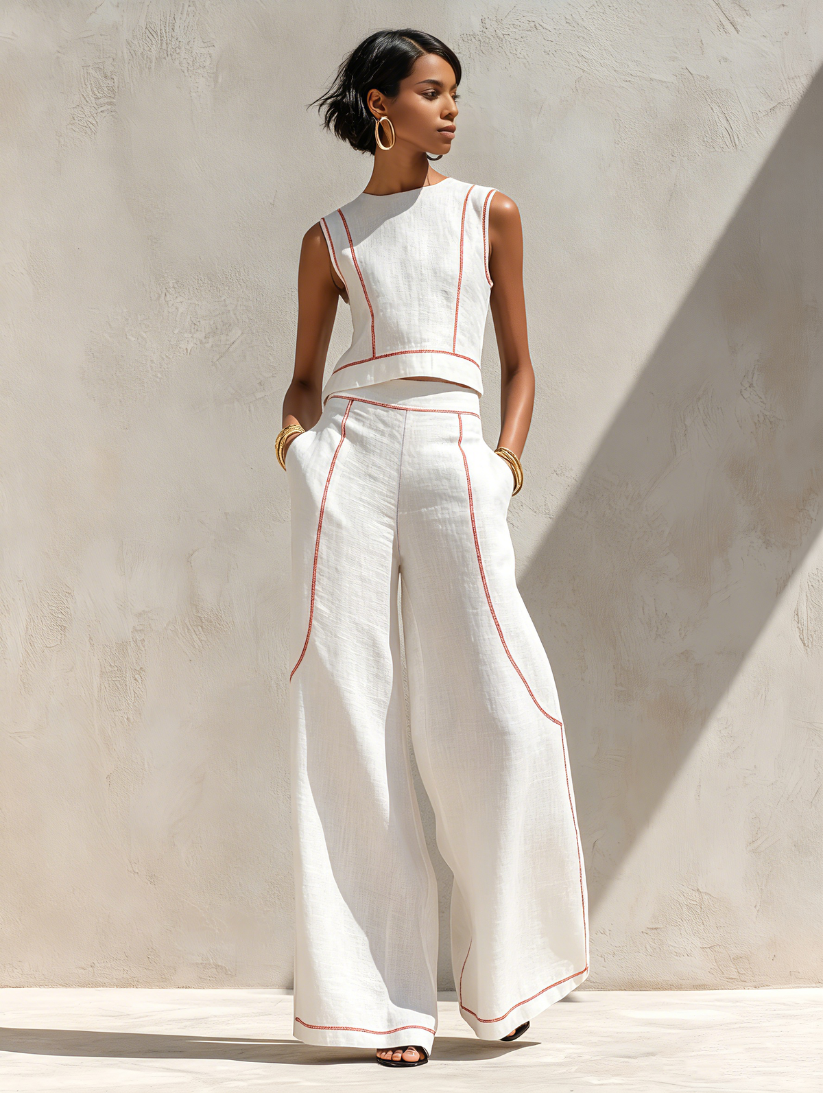 Calla | Contrast-Stitching Blouse & Wide Pants Set