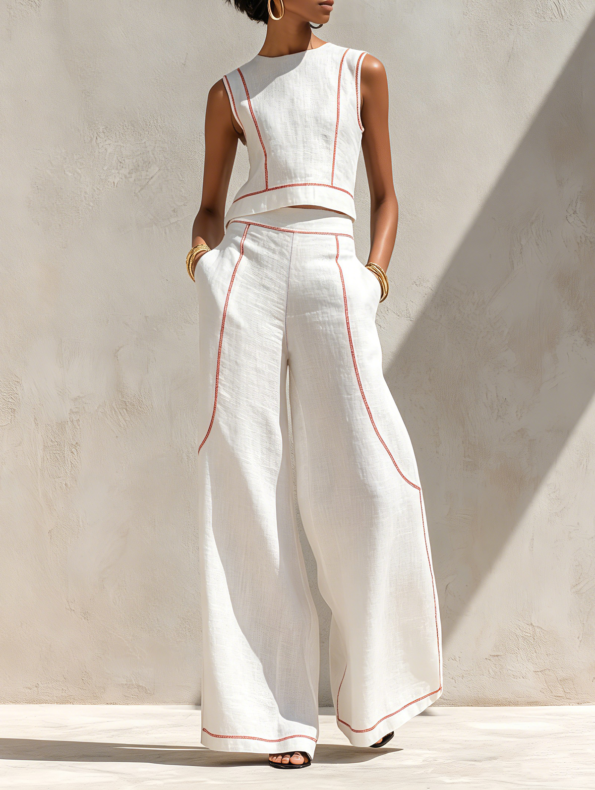 Calla | Contrast-Stitching Blouse & Wide Pants Set