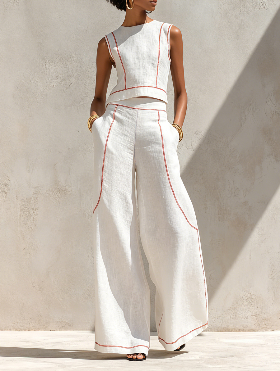 Calla | Contrast-Stitching Blouse & Wide Pants Set