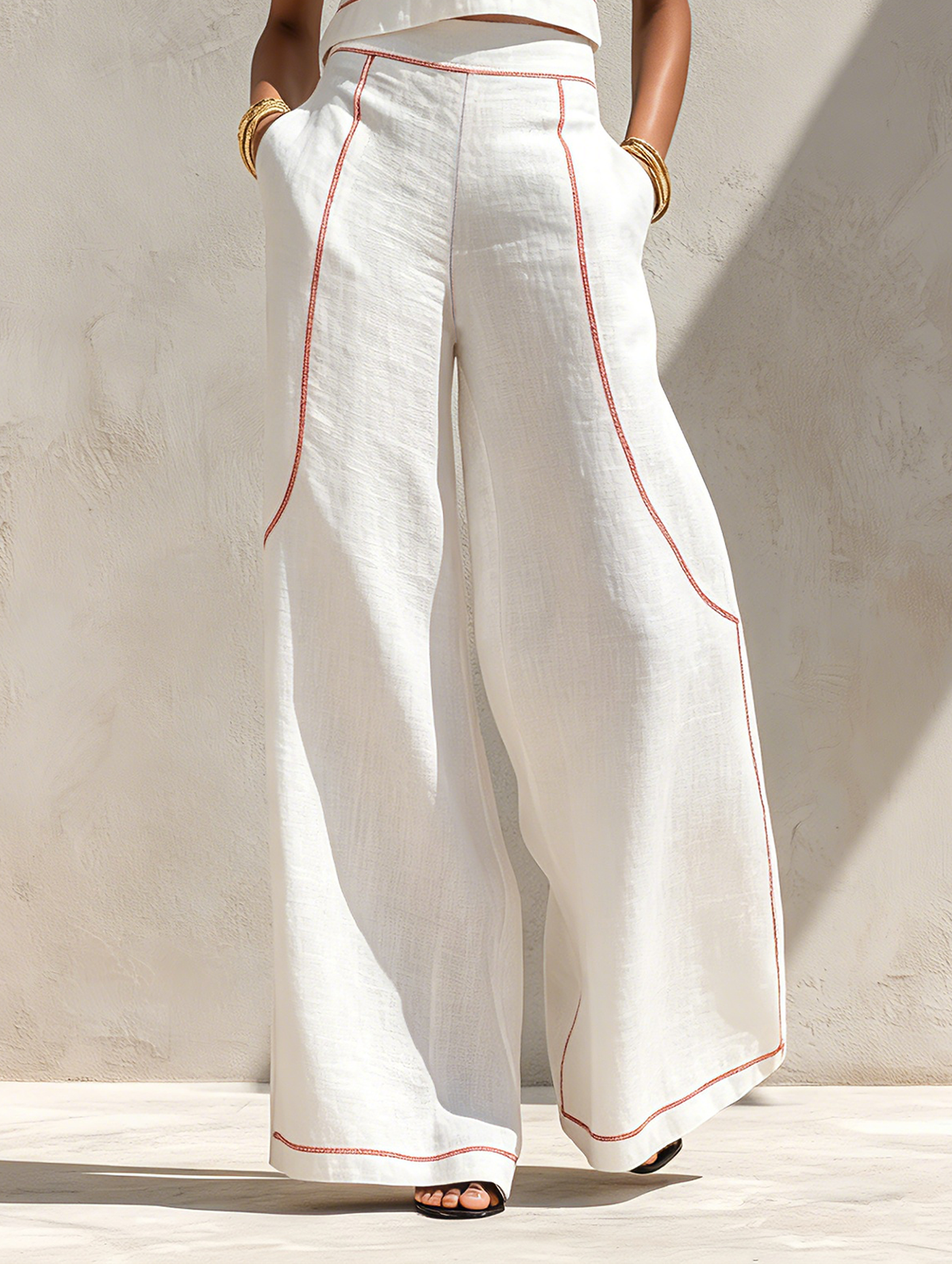 Calla | Contrast-Stitching Blouse & Wide Pants Set