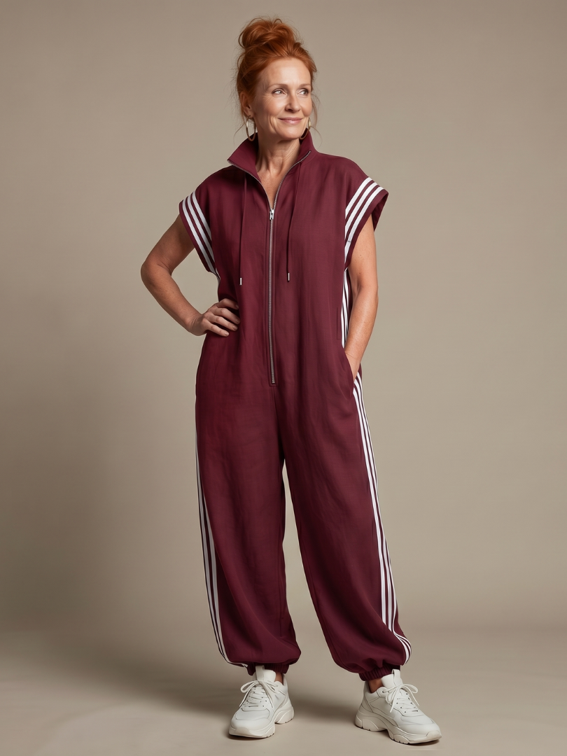 Farrah | Zip Front Stripe Panel Jumpsuit