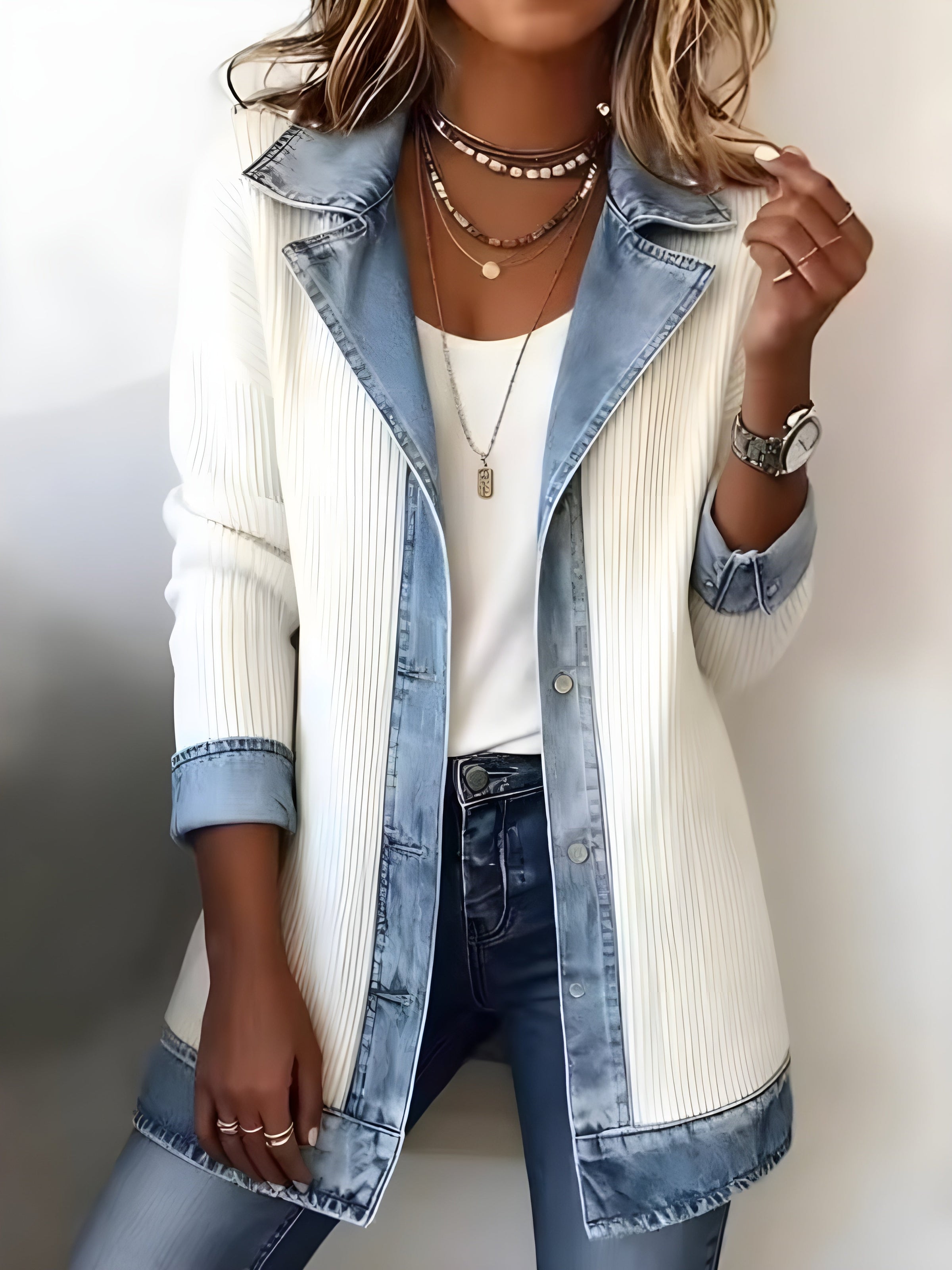 Luna™ Elegant Denim Lapel Combined Coat
