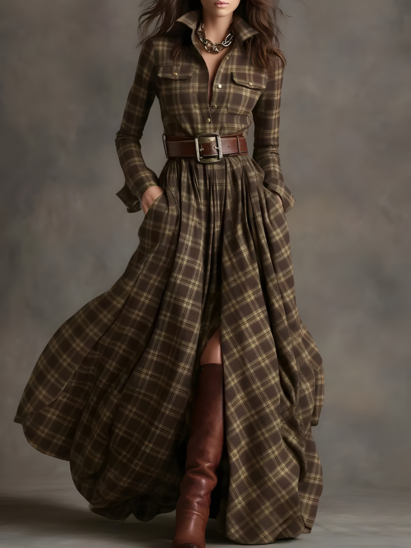 Elara™ Plaid Button-Front Maxi Dress