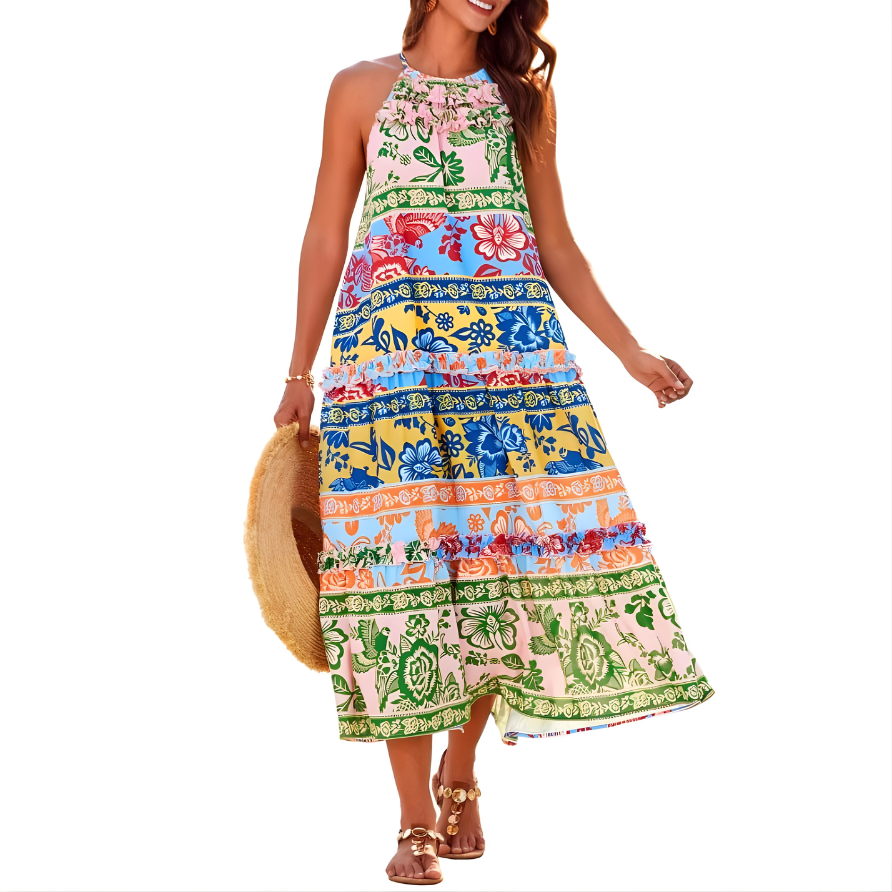 Loren™ Chic Boho Halter Tiered Maxi Dress