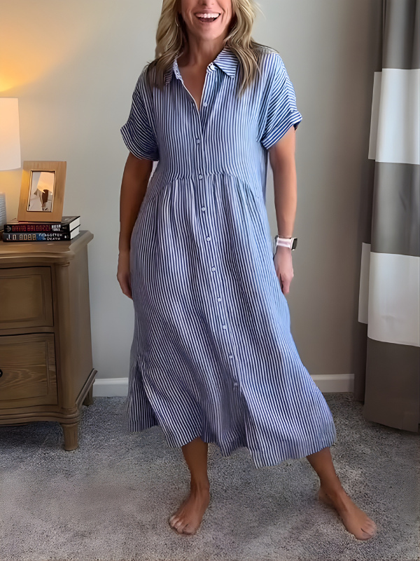 Marina™ Elegant Striped Maxi Shirt Dress with Pockets
