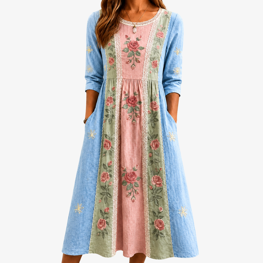 Vintage Rose Patchwork Garden Midi Dress