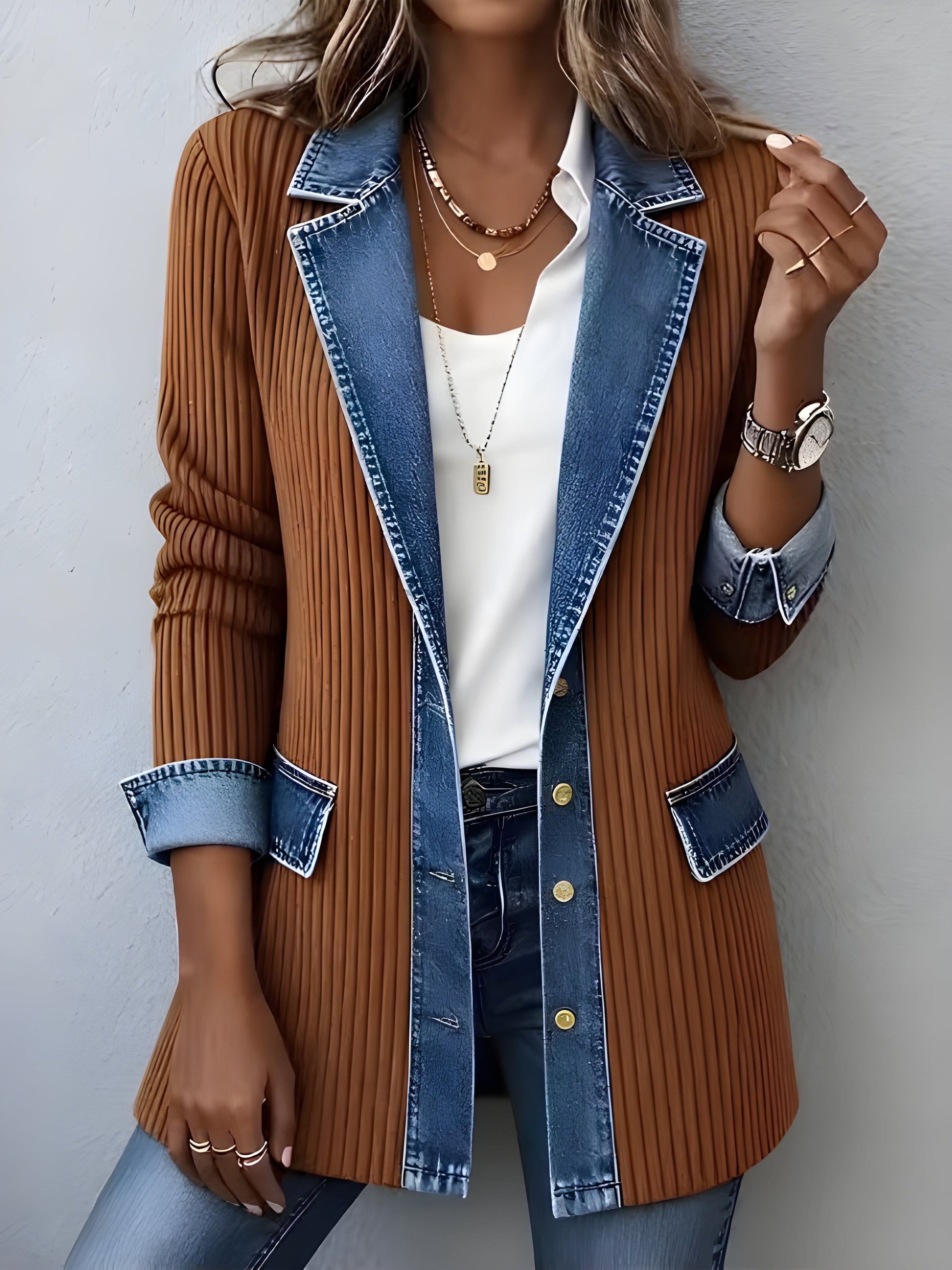 Luna™ Elegant Denim Lapel Combined Coat