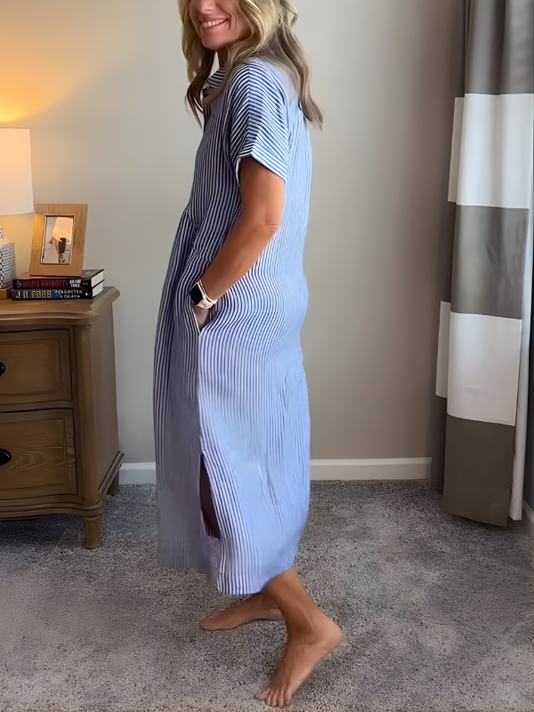 Marina™ Elegant Striped Maxi Shirt Dress with Pockets