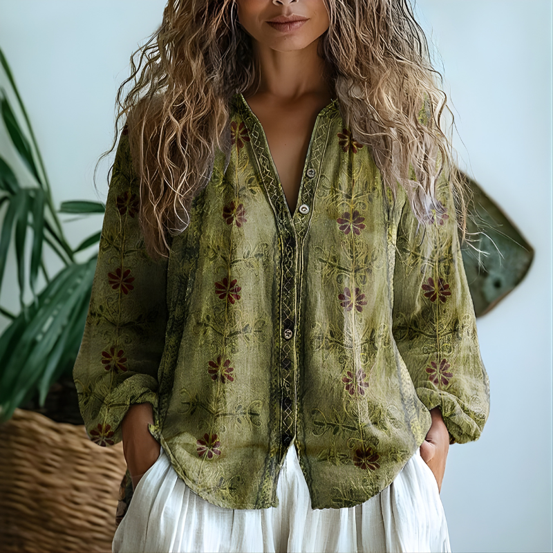 Toinette™ - Vintage Blouse With Leaf Print