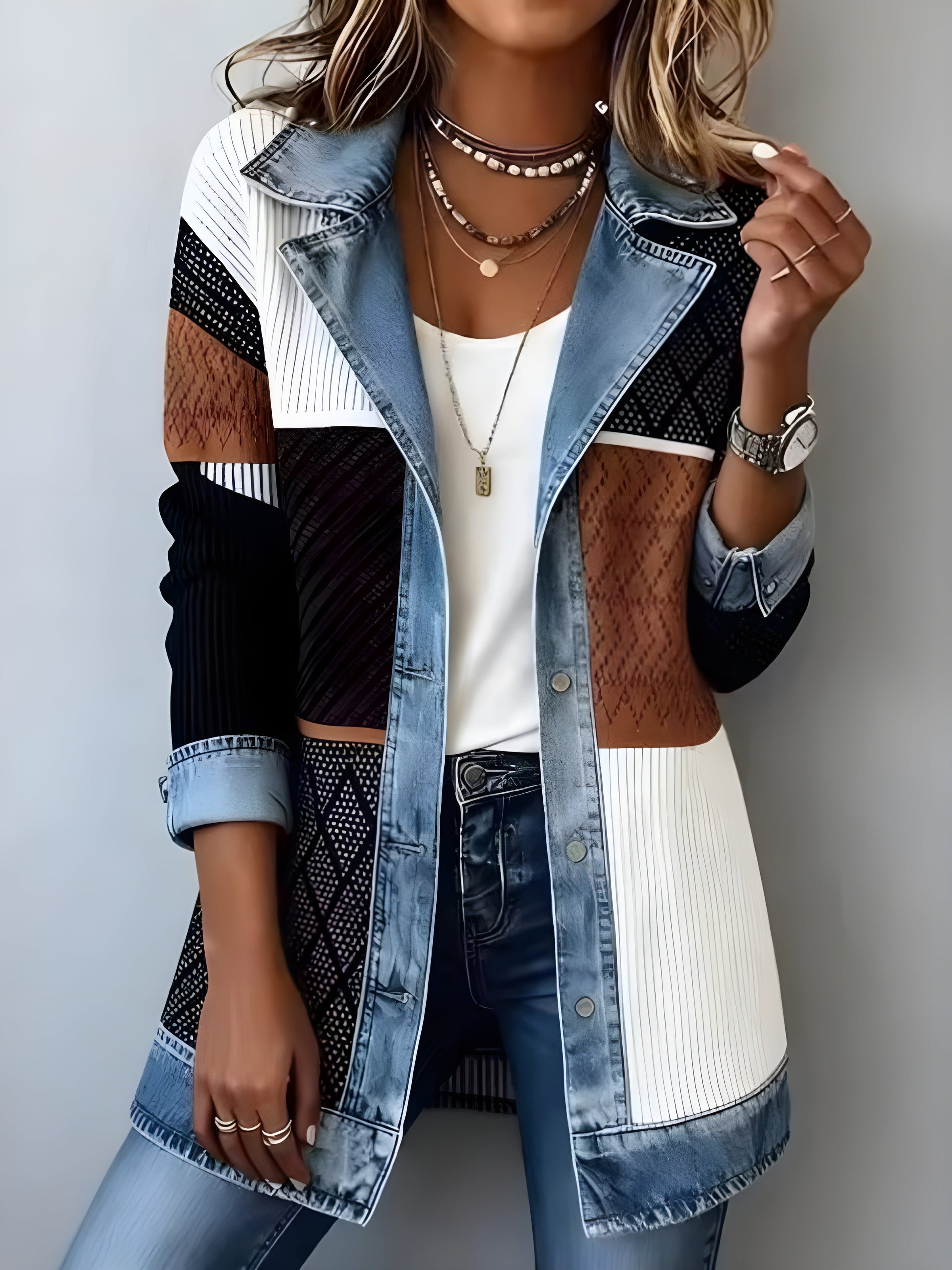 Luna™ Elegant Denim Lapel Combined Coat