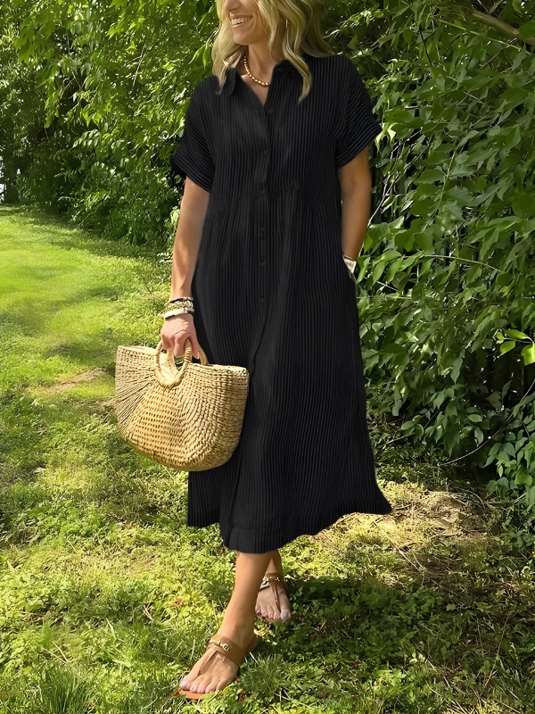 Marina™ Elegant Striped Maxi Shirt Dress with Pockets