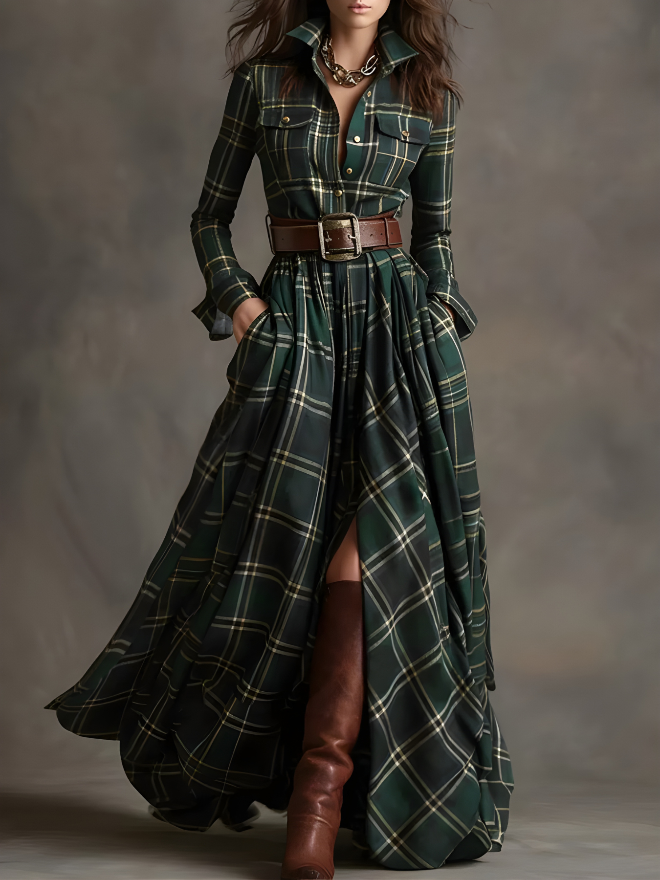 Elara™ Plaid Button-Front Maxi Dress