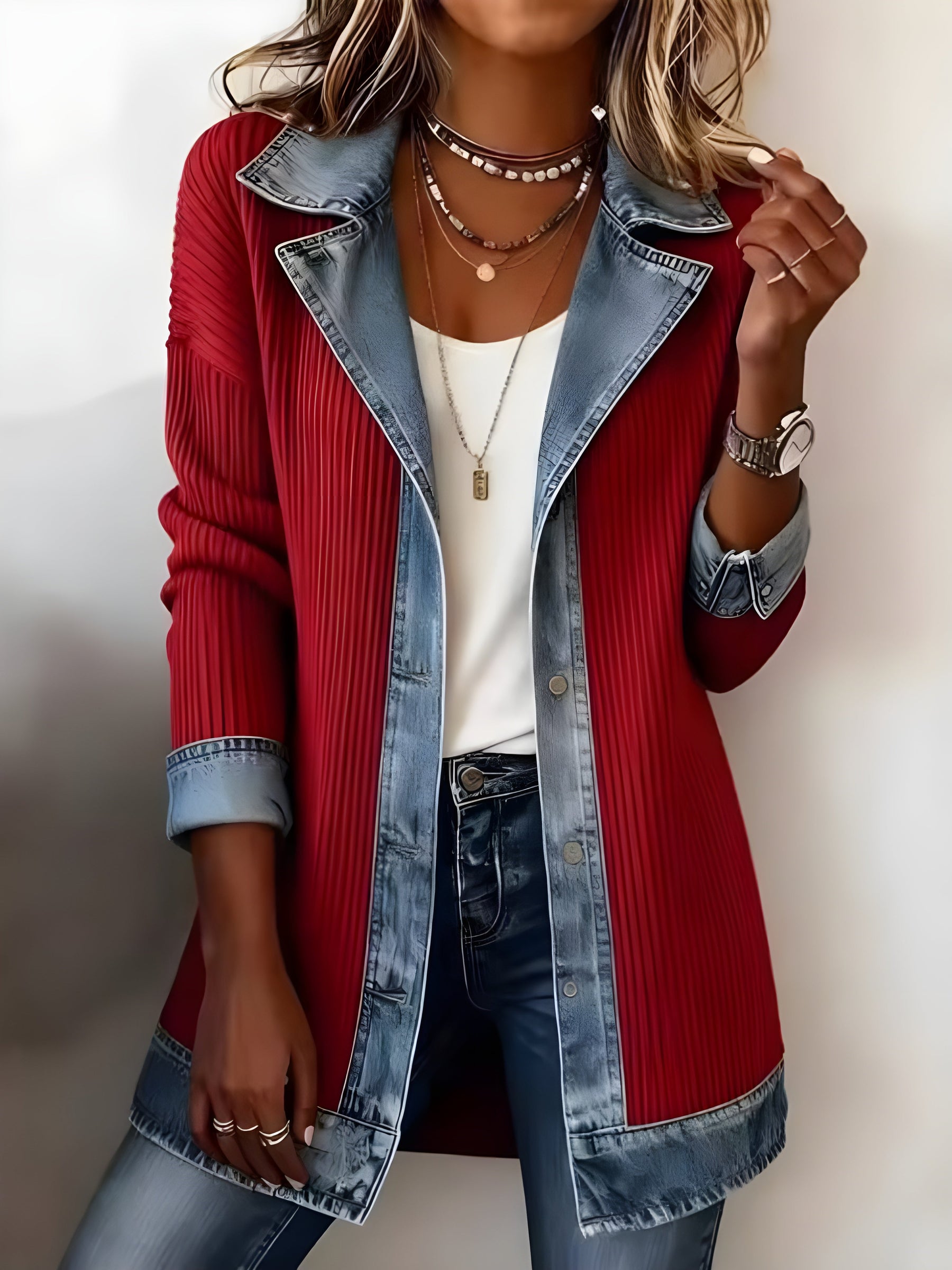 Luna™ Elegant Denim Lapel Combined Coat