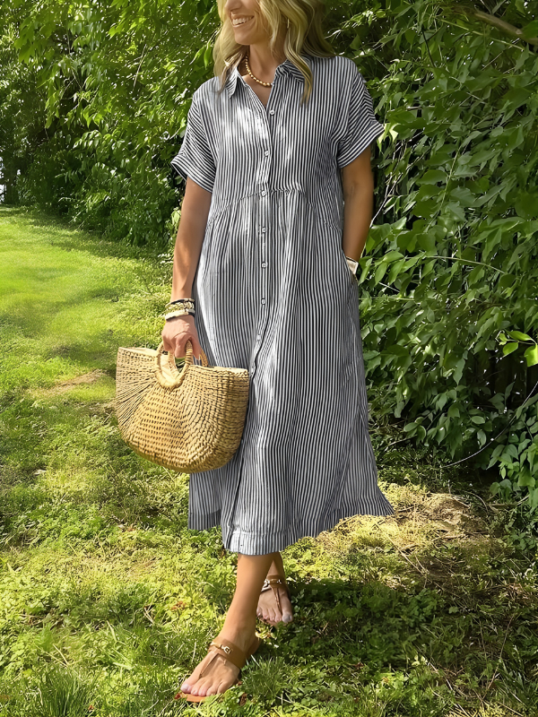 Marina™ Elegant Striped Maxi Shirt Dress with Pockets