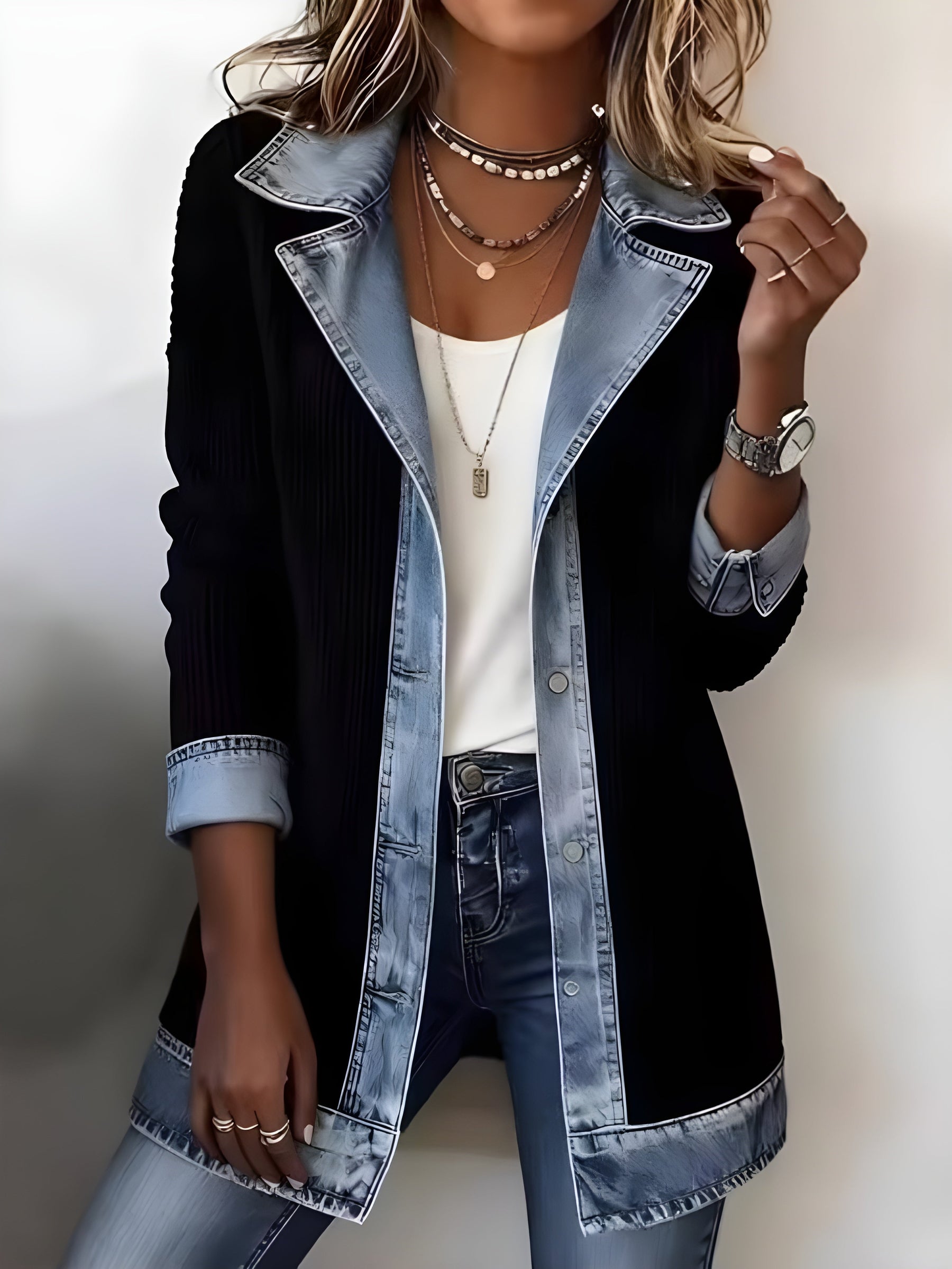 Luna™ Elegant Denim Lapel Combined Coat