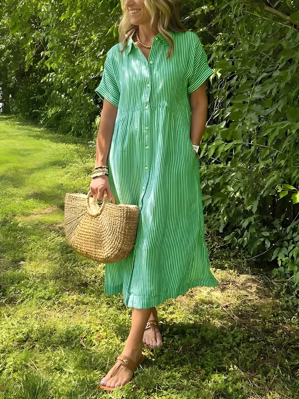 Marina™ Elegant Striped Maxi Shirt Dress with Pockets