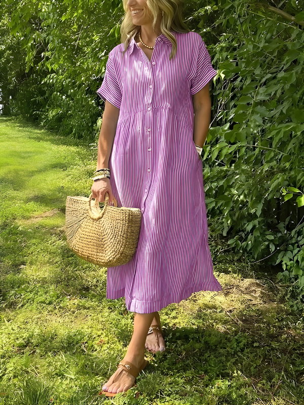 Marina™ Elegant Striped Maxi Shirt Dress with Pockets