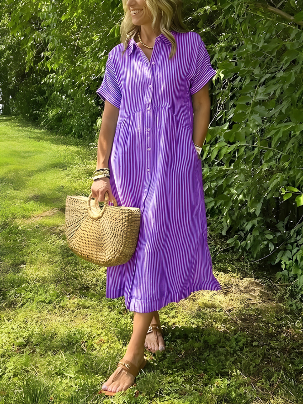 Marina™ Elegant Striped Maxi Shirt Dress with Pockets