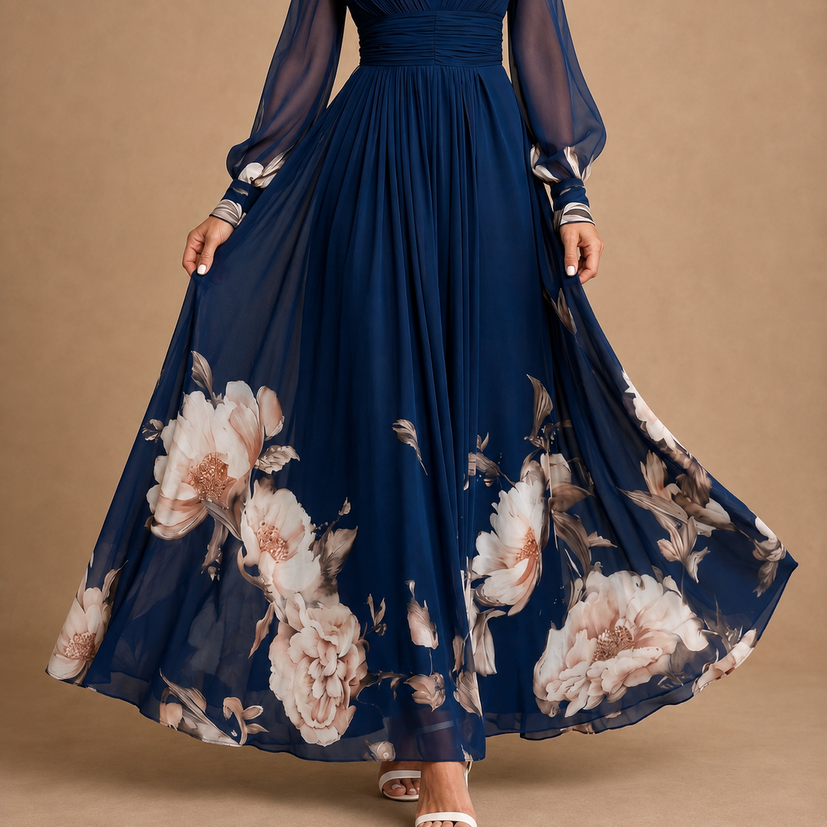 Averil | Pleated Sheer Sleeves Maxi Dress