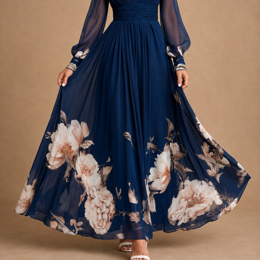Averil | Pleated Sheer Sleeves Maxi Dress