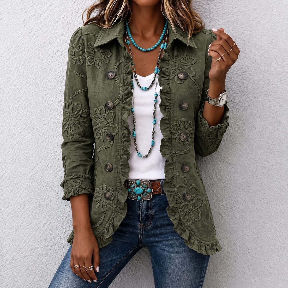 Kamberly | Boho-Chic Floral Embroidered Utility Ruffled Trim Jacket