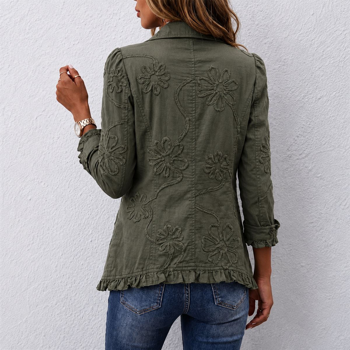 Kamberly | Boho-Chic Floral Embroidered Utility Ruffled Trim Jacket