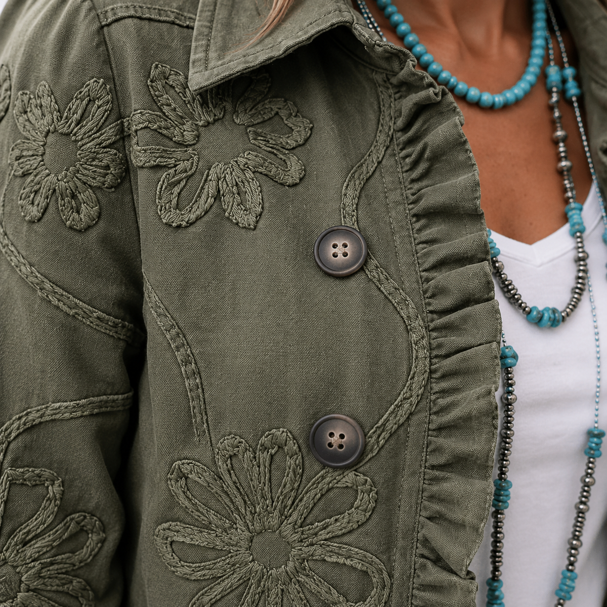 Kamberly | Boho-Chic Floral Embroidered Utility Ruffled Trim Jacket