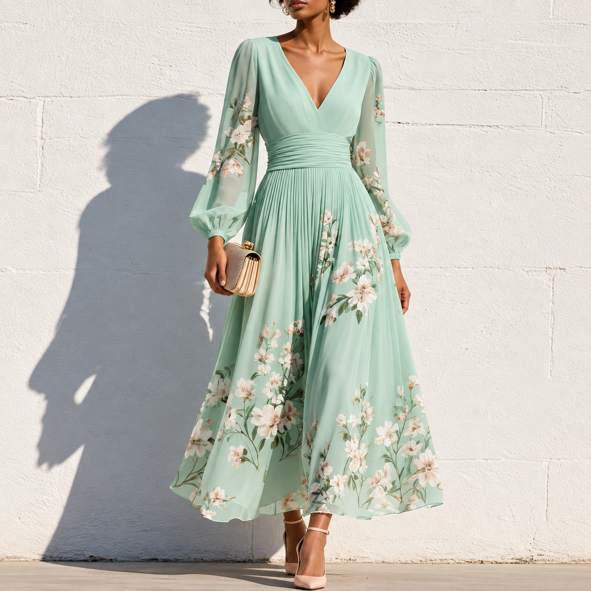 Nicola | V-Neck Chiffon Floral Midi Dress