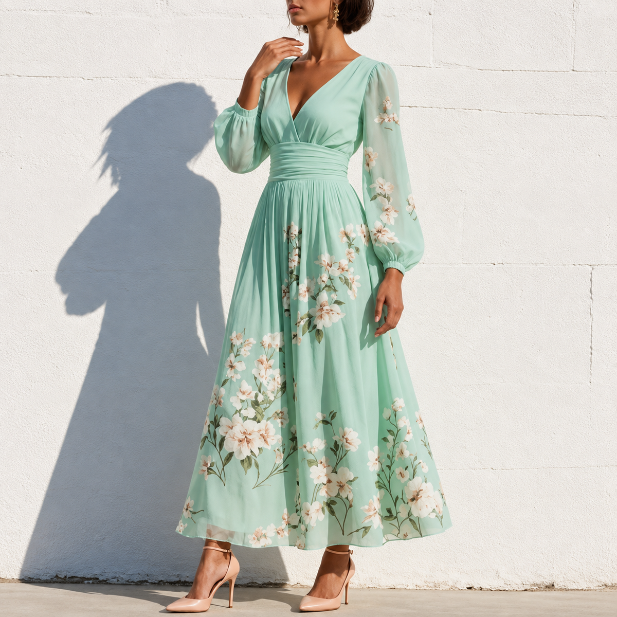 Nicola | V-Neck Chiffon Floral Midi Dress