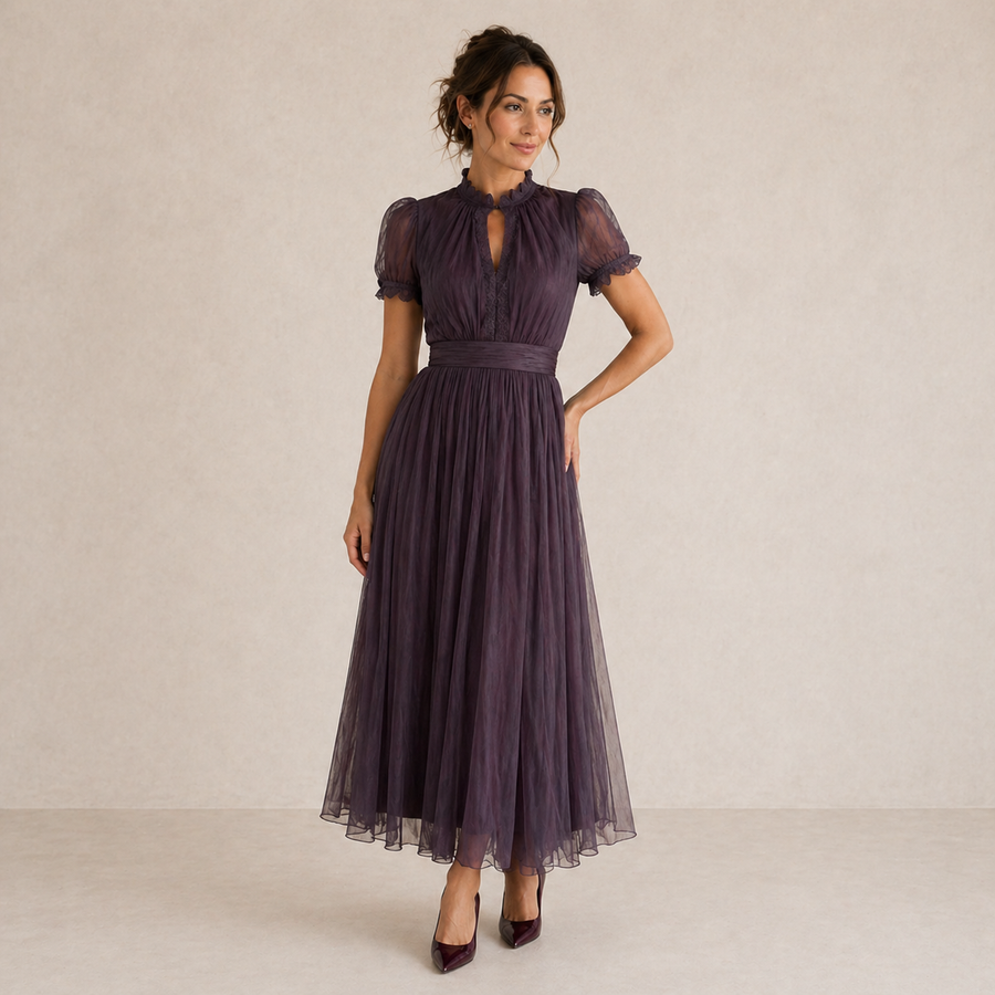Calla | Pleated Puff Sleeve Midi Dress
