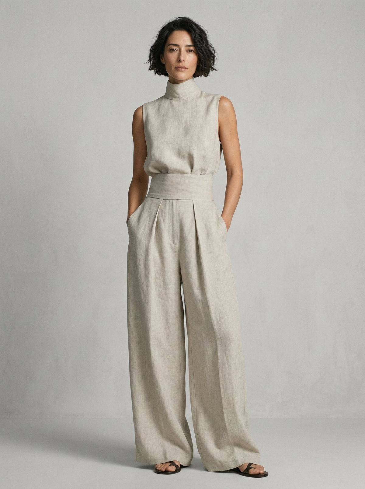 Lynette | High-Neck Cotton Top & Wide-Leg Trouser Set