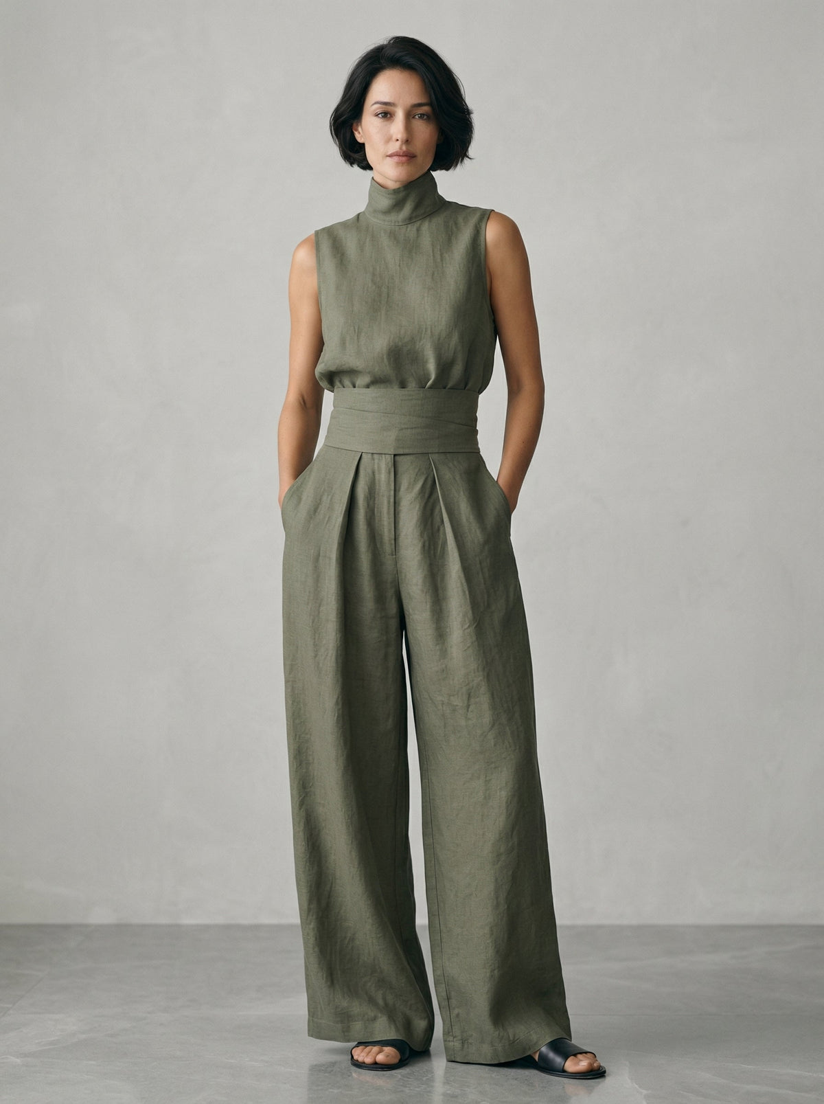 Lynette | High-Neck Cotton Top & Wide-Leg Trouser Set