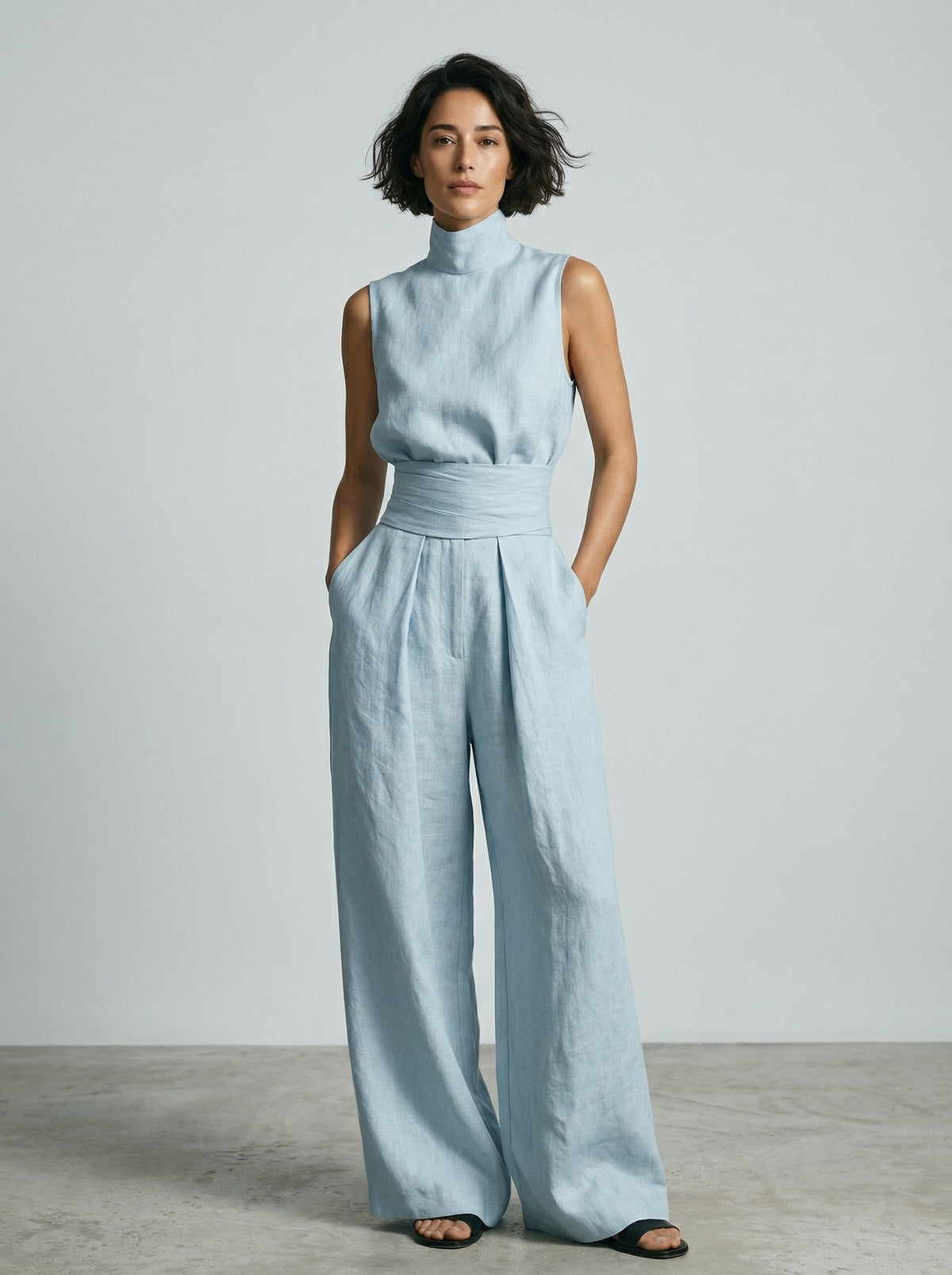 Lynette | High-Neck Cotton Top & Wide-Leg Trouser Set