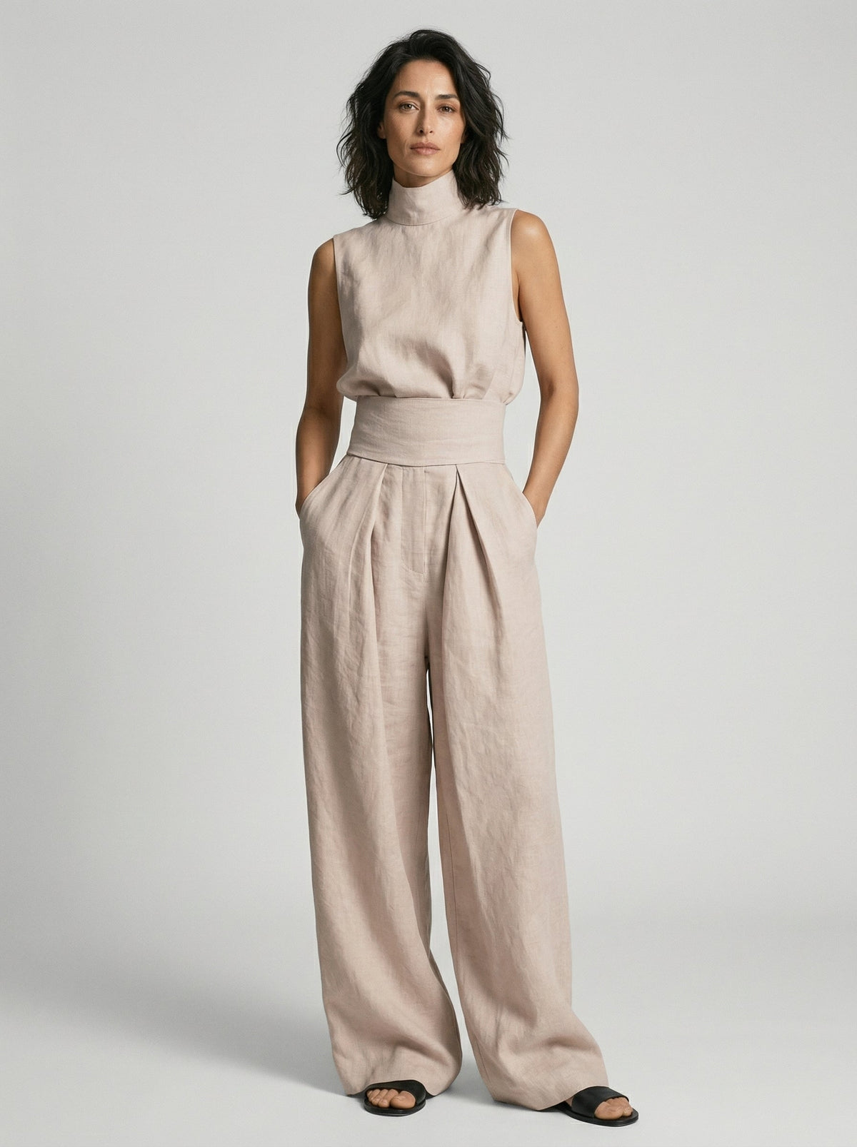 Lynette | High-Neck Cotton Top & Wide-Leg Trouser Set