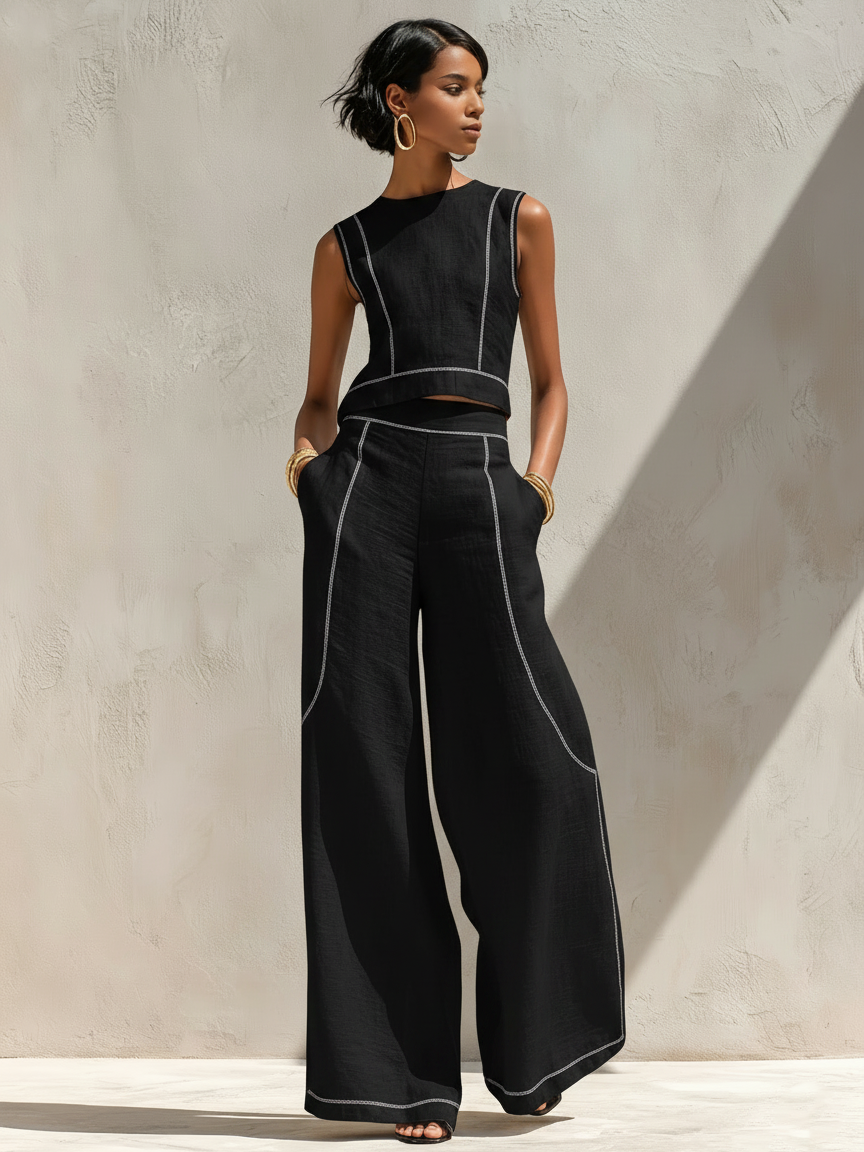 Calla | Contrast-Stitching Blouse & Wide Pants Set