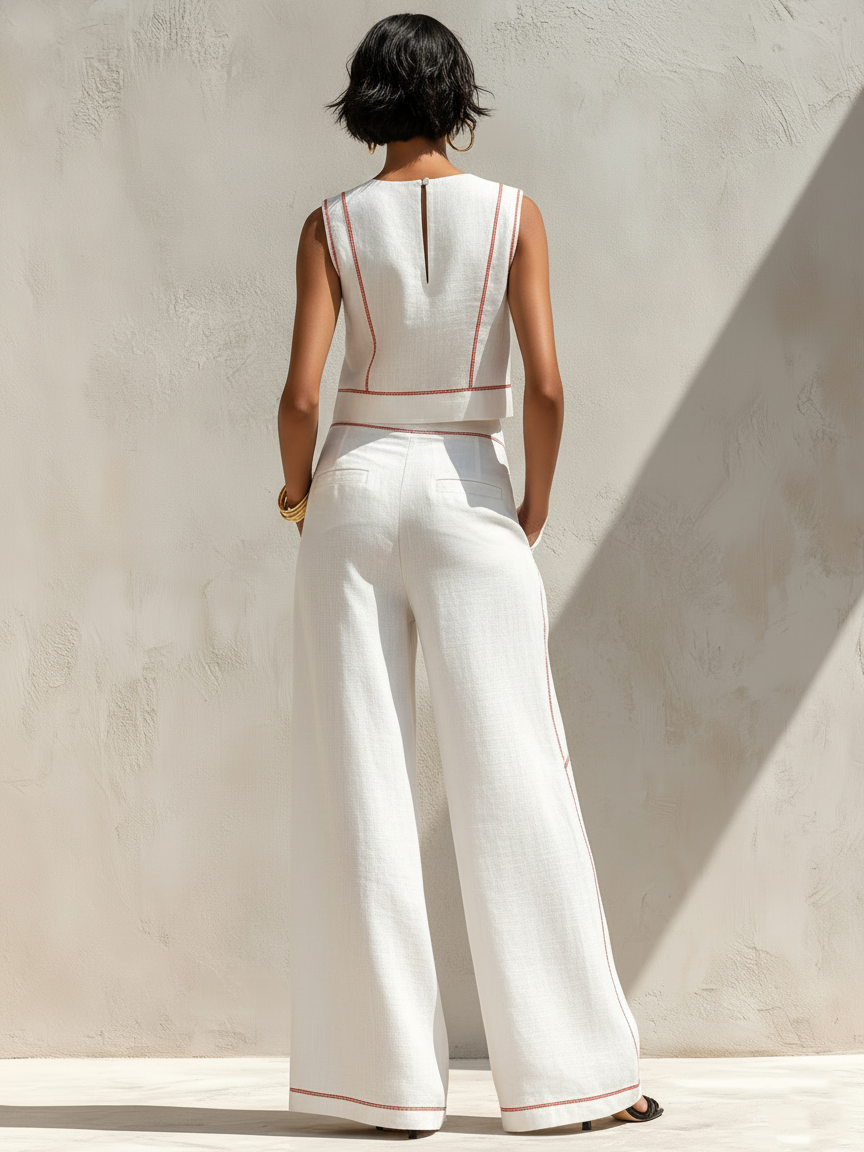 Calla | Contrast-Stitching Blouse & Wide Pants Set