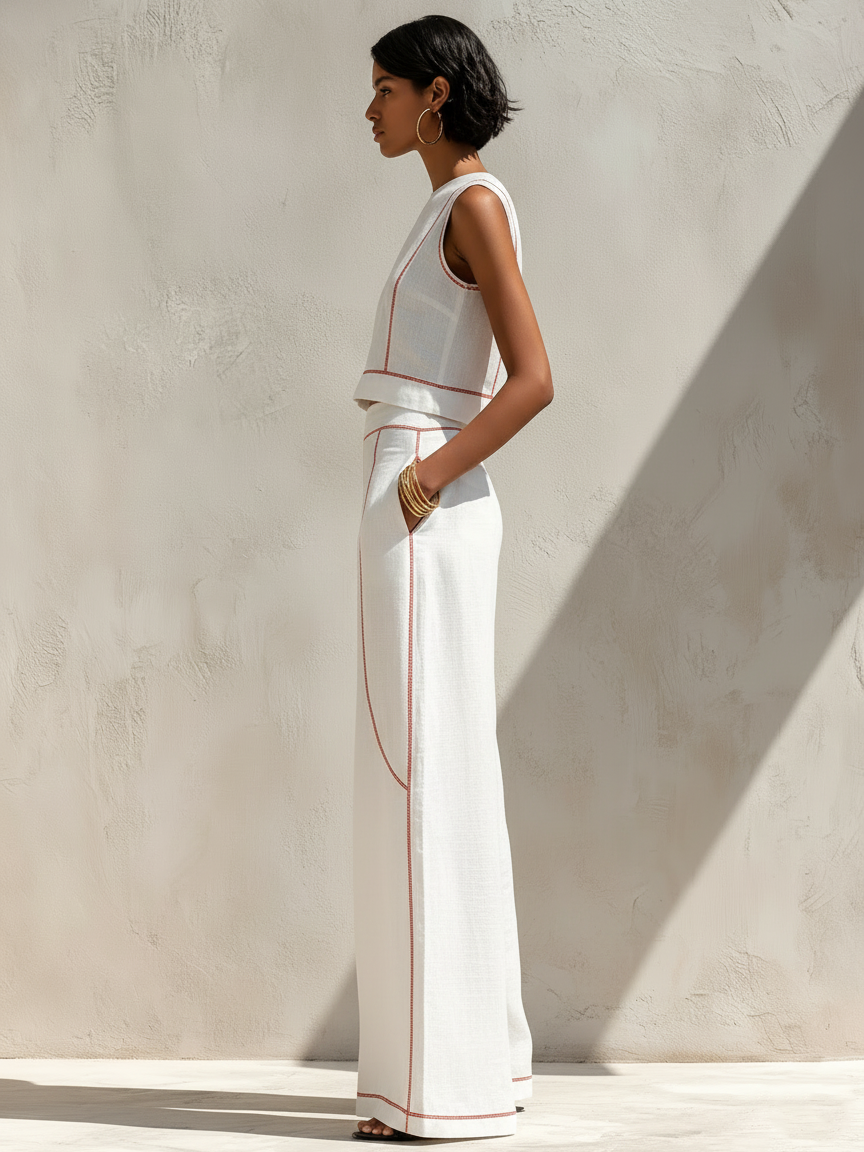 Calla | Contrast-Stitching Blouse & Wide Pants Set