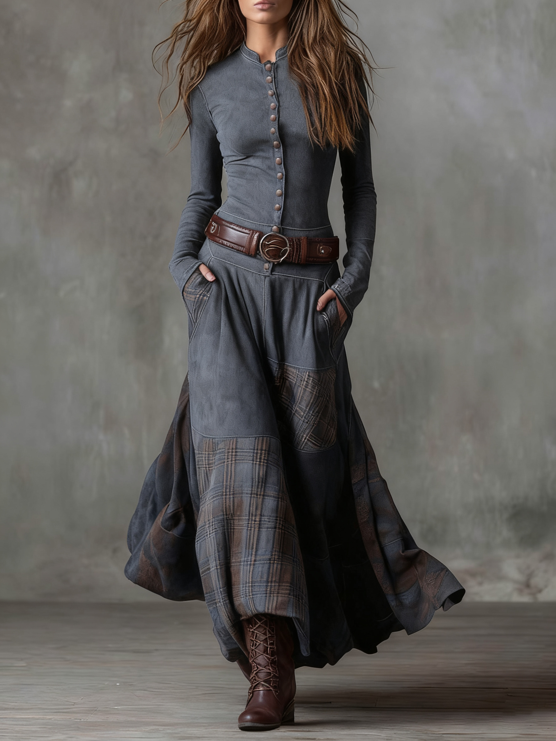 Natasha™ Vintage Plaid Suede Maxi Dress