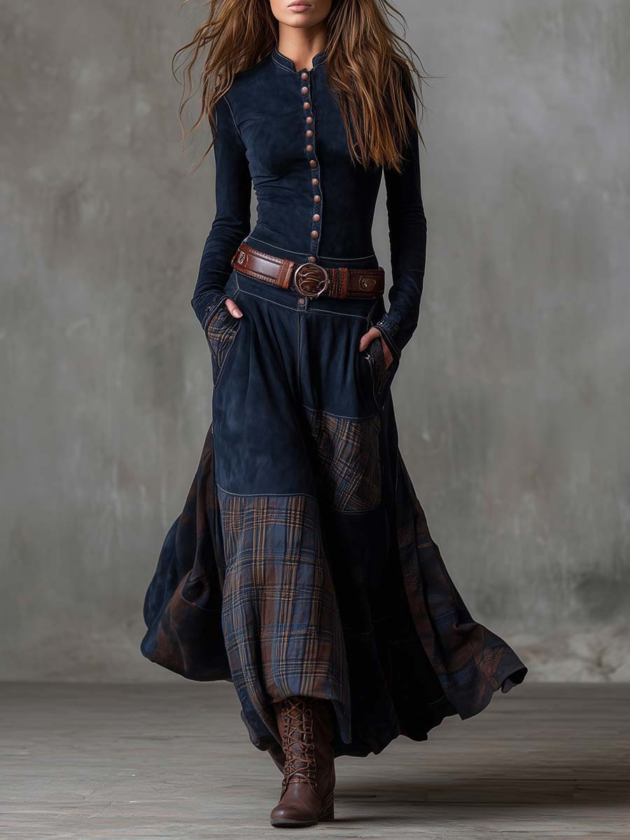 Natasha™ Vintage Plaid Suede Maxi Dress