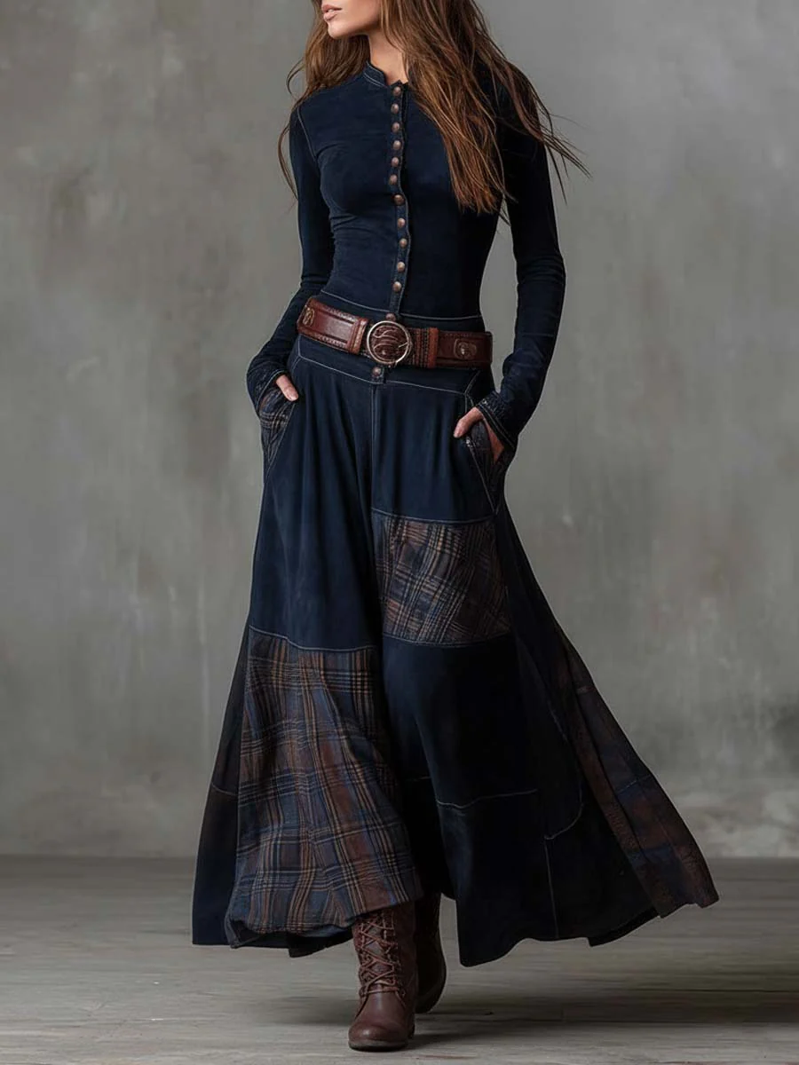 Natasha™ Vintage Plaid Suede Maxi Dress