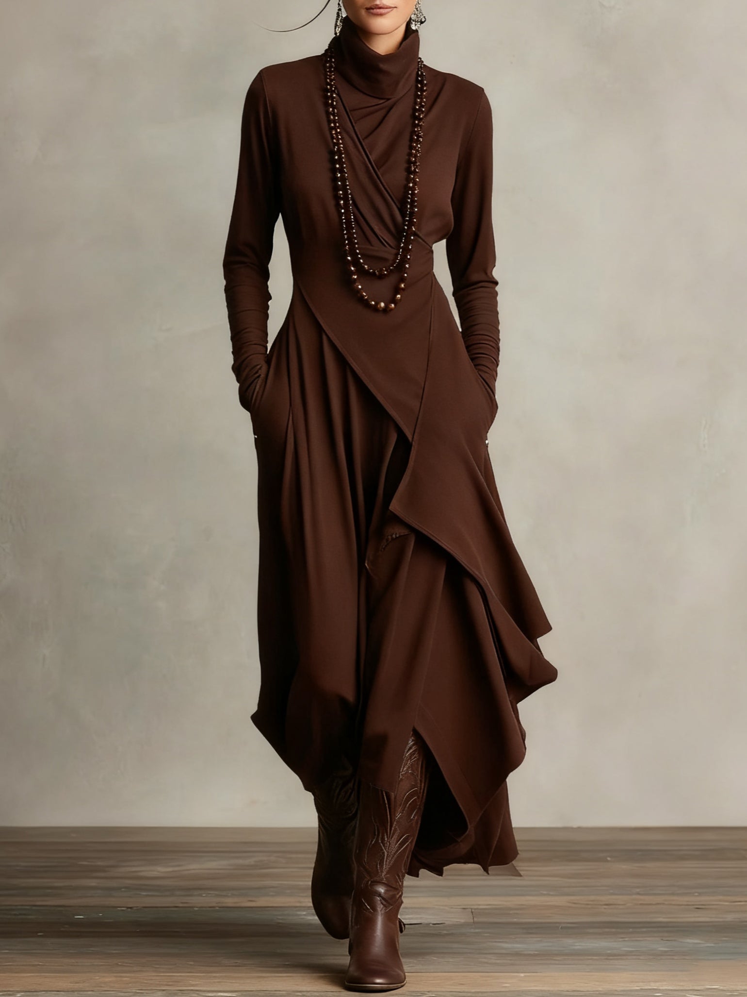 Arielle™ Vintage Asymmetrical Turtleneck Dress