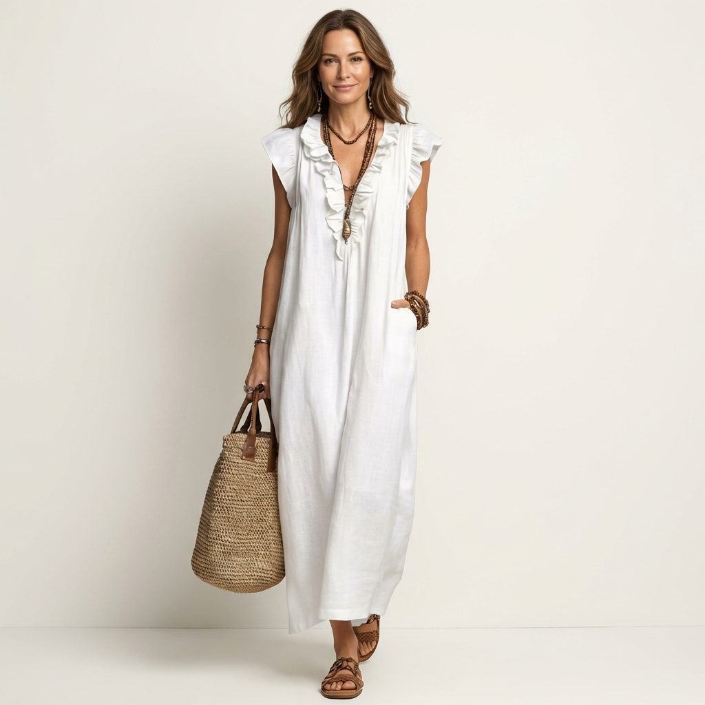 Amina™ Ruffle V-Neck Linen Maxi Dress