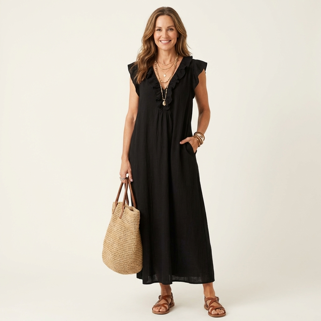 Amina™ Ruffle V-Neck Linen Maxi Dress