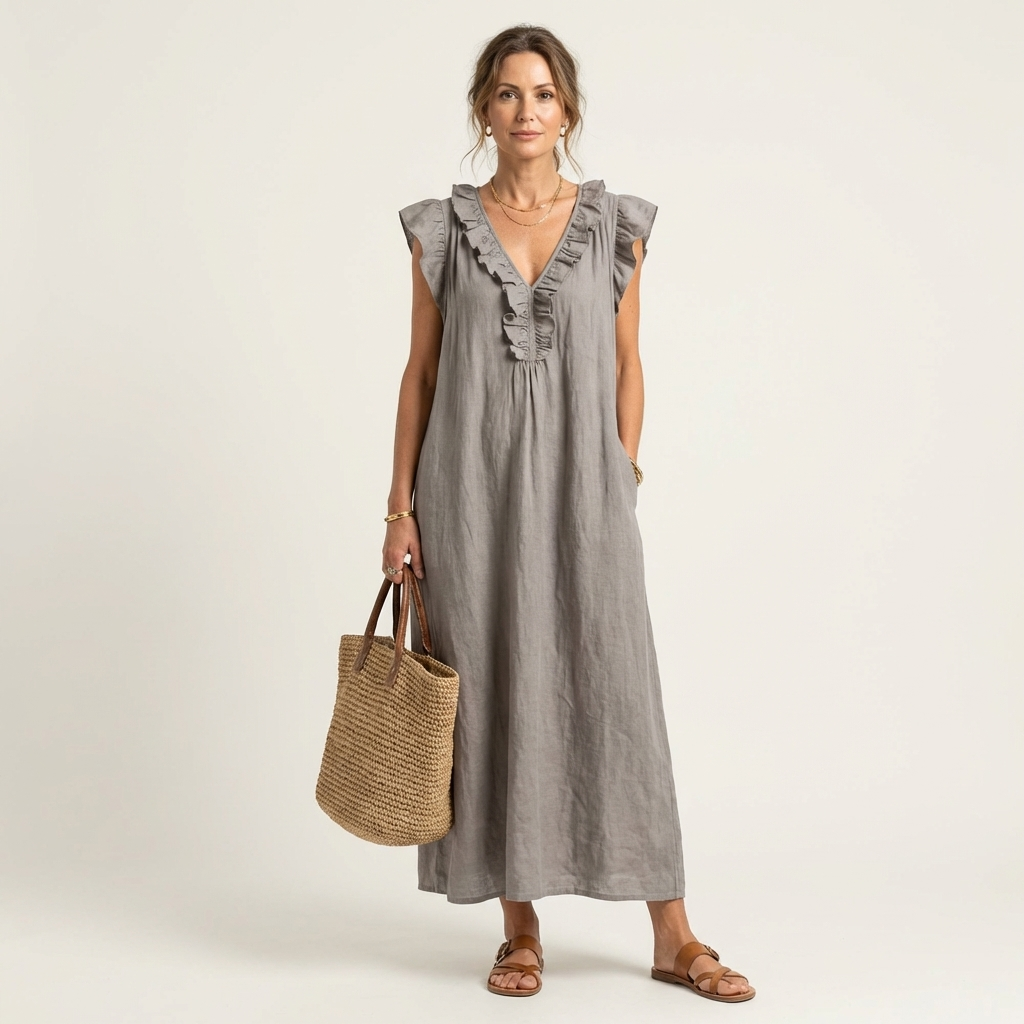 Amina™ Ruffle V-Neck Linen Maxi Dress