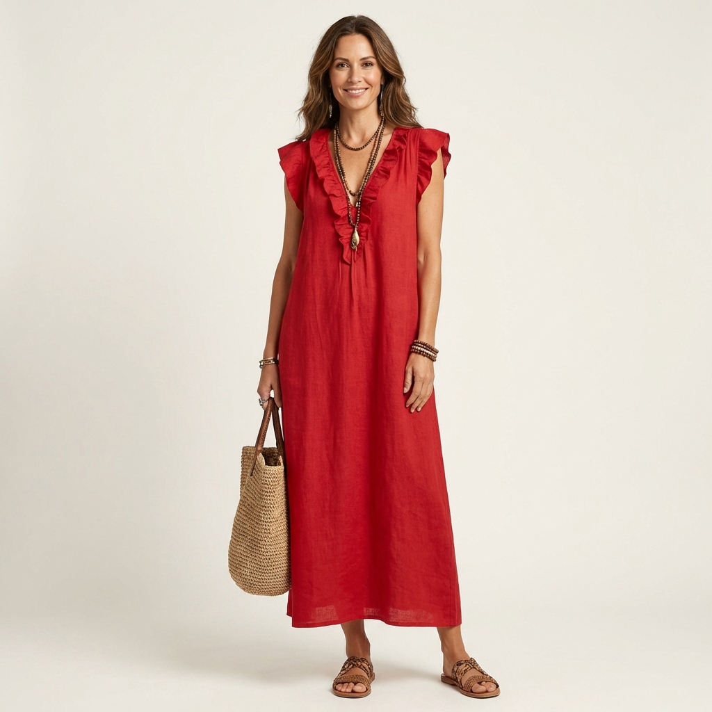 Amina™ Ruffle V-Neck Linen Maxi Dress